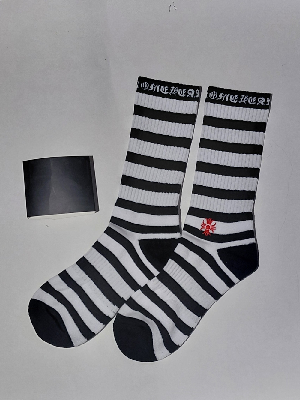 Chrome Hearts Black & White Striped Crew Socks with Red Emblem